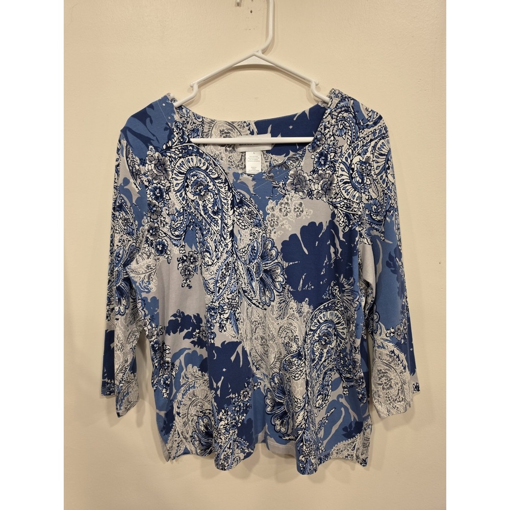 Womens Large Blue Paisley Floral Top Cotton Blend Rhinestone Grandmacore Boho